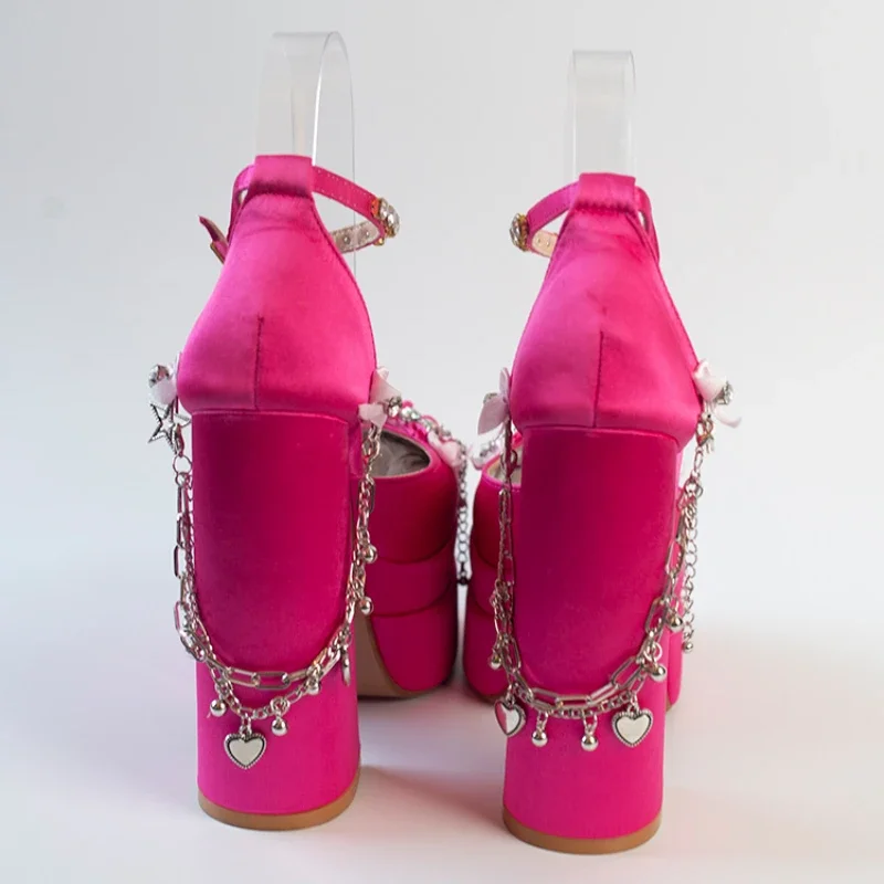 2026 Newest Metal Chain Pink Sandals 15cm High Heel Fashion Lolita Lace Satin Princess Birthday Dancing Party Shoes Size 35-42