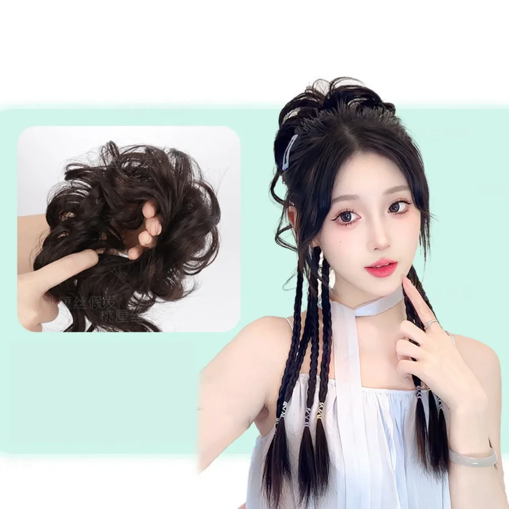 Wig sintetik kepala kuncup bunga gaya Tiongkok Wig kepang memutar sedikit keriting halus alami aksesoris rambut