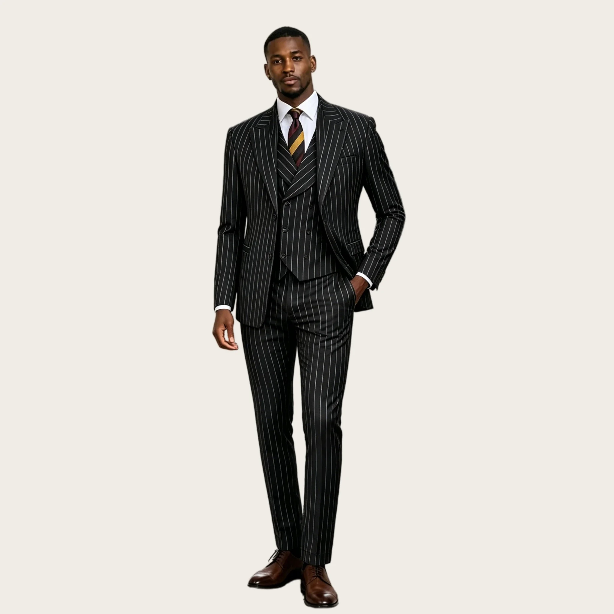Pinstripe Men's Suits 3 Pieces Peaked Lapel Single Breasted Africa Black Tuxdeo Slim Fit Office Business Blazer Customized