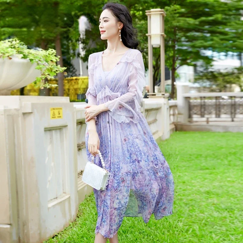 Printing Summer Dress Women Clothing 100% Real Mulberry Silk Dress High-end Loose Korean Maxi Dresses For Women Vestido Zm3168