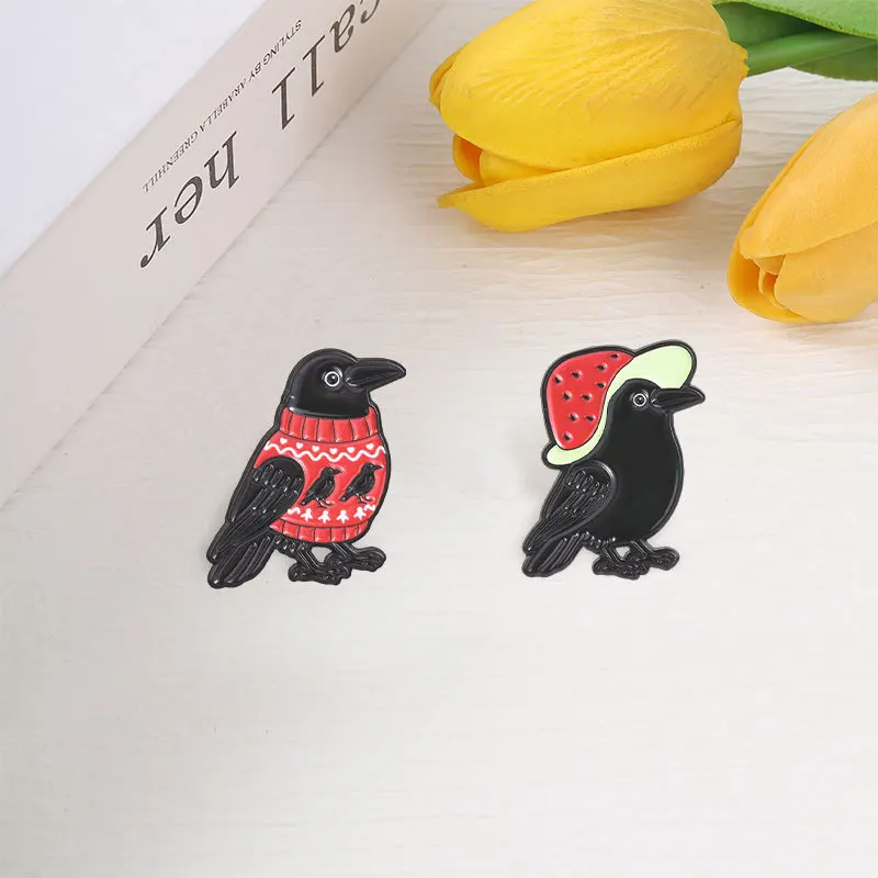 Funny Crow Brooch Cartoon Red Sweater Watermelon Hat Black Bird Metal Badges Casual Pins DIY Clothing Bags Hat T-shirt Accessory