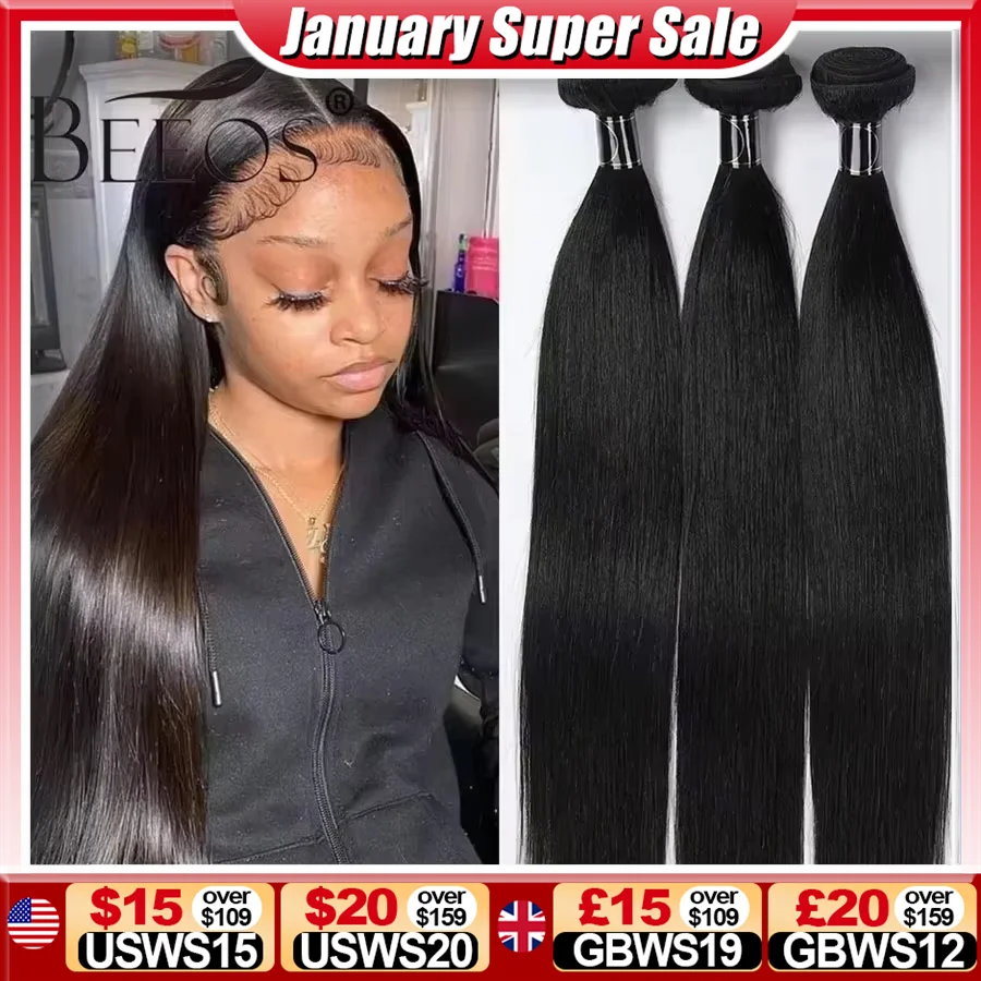 

BEEOS 40in Bone Straight Bundles Human Hair 32 34 36in 3 Pieces Double Weft Hair Extension Brazilian Virgin Hair Natural Bundles