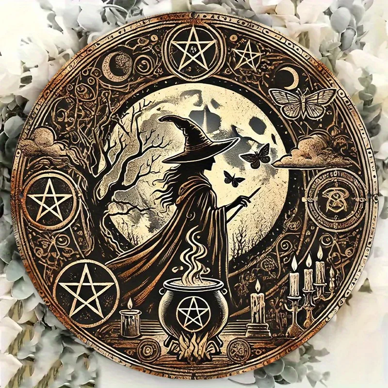 2D Retro Round Metal Tin Sign,20x20cm Witch Moon Pentagram Iron Plaque Vintage Wall Decor Gothic Home Indoor Outdoor Hanging Orn