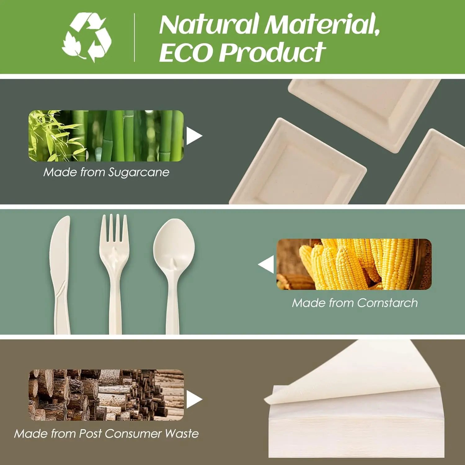 Compostable Party Paper Plates Set -[300 Pcs] 10 Inch&8 Inch Square Brown Paper Plates Heavy Duty, Utensils And Napkins - Eco