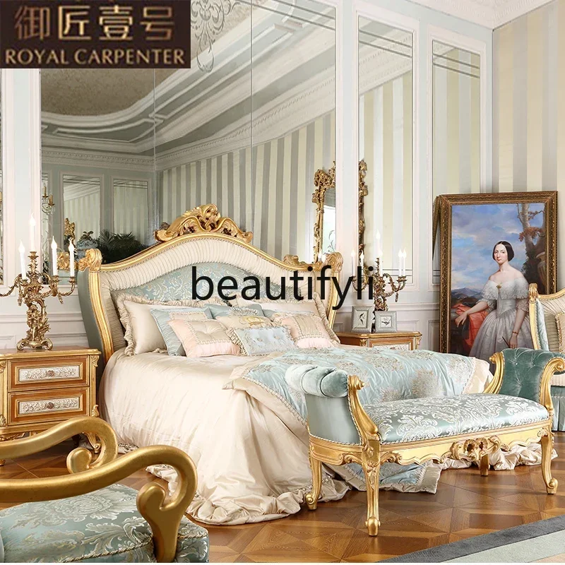European bedroom furniture, solid wood carving flower fabric pull button sofa stool, bedside stool2936