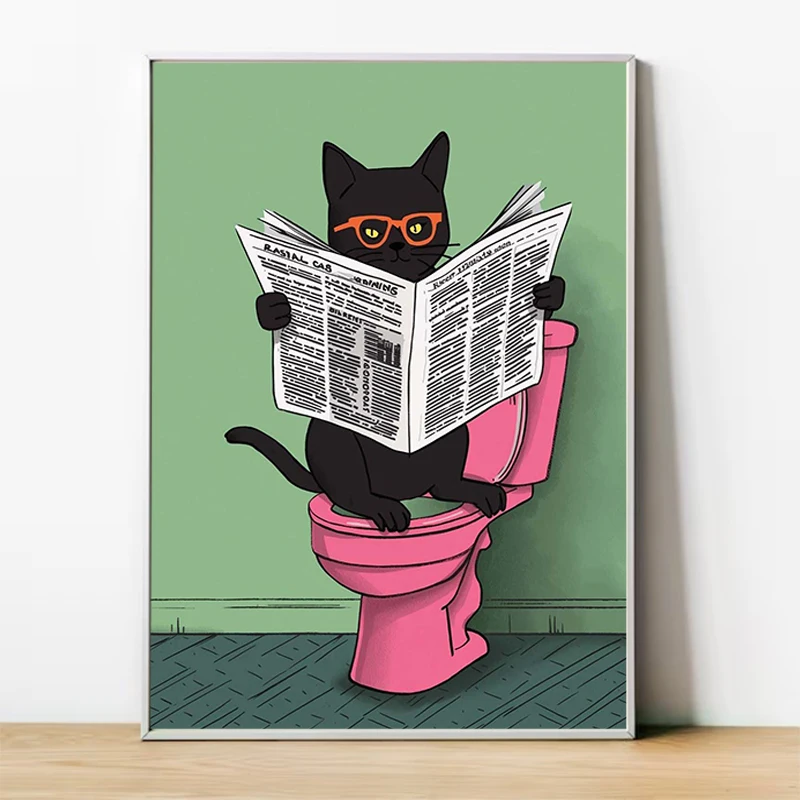 

Funny Bathroom Poster Cat Reading Newspaper Print Poster Decorative Wall Sheets Cool Room Decoration Bedroom Decor For Home