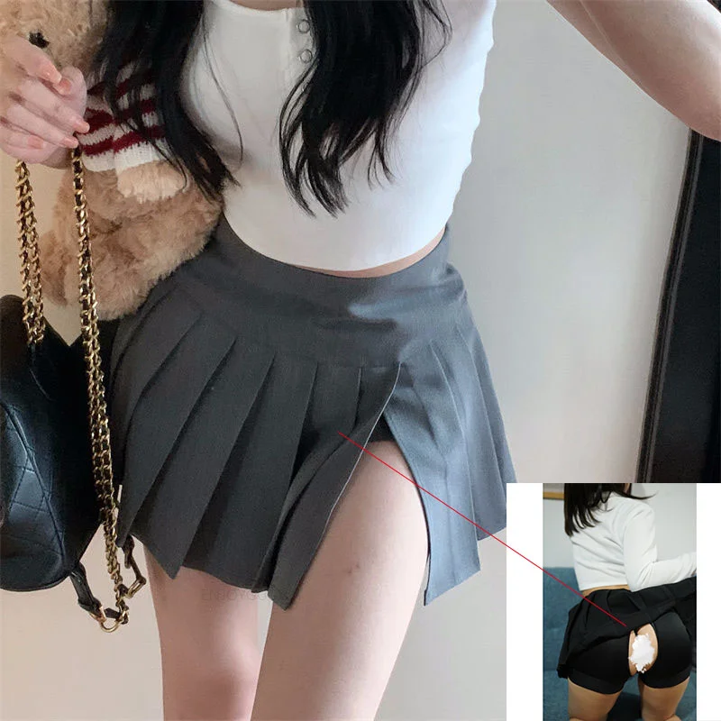 Invisible Open Crotch Pants Skirt Outdoor Sex Convenient Women Sexy A- Line Skirt High Waist Pleated Skirt Side Slit Short Skirt