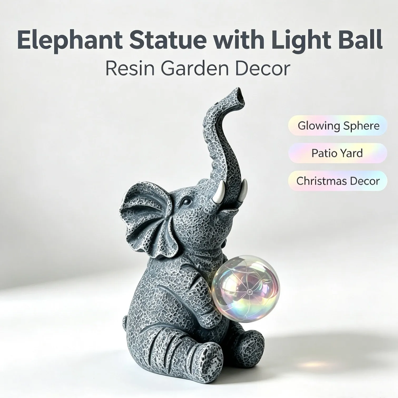 Elephant Statue Resin Garden Decor Trunk Up Holding Light Ball Solar Powered Glowing Sphere Figurine for Patio Yard Home Gift