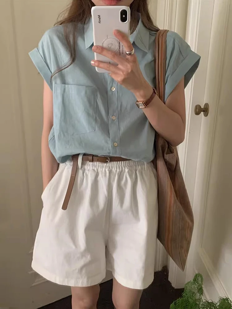 

Chic Summer Vintage Versatile Collared Single ket Cuffed Vest irt High Waist Wide Leg orts Set Women's Faion Ensemble