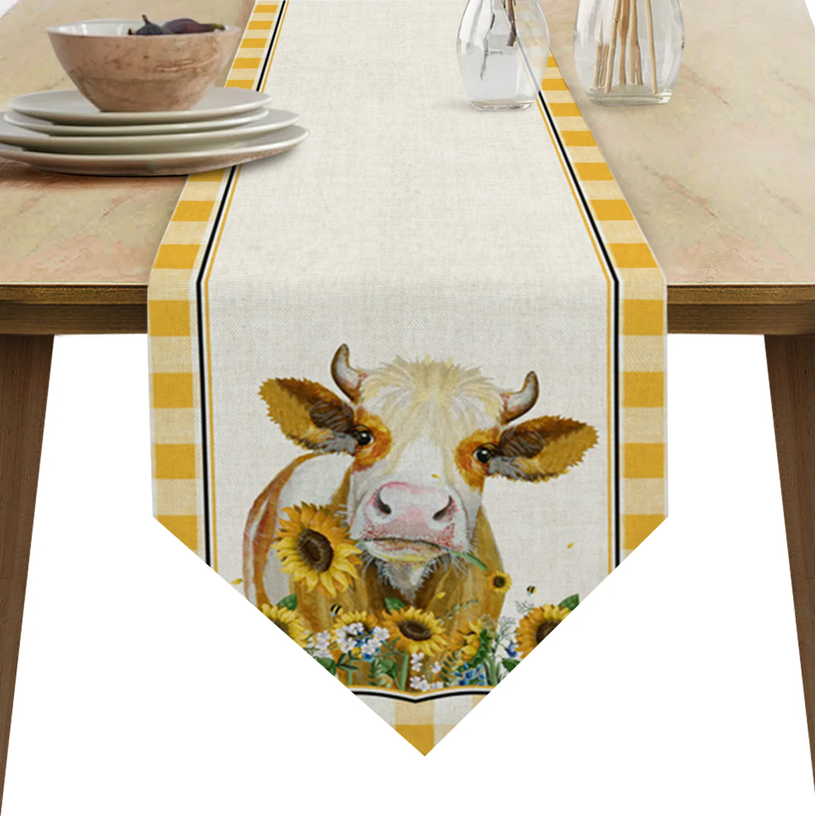 Country Style Farm Cow Sunflower Yellow Plaid Table Runners Kitchen Dining Tablecloths Wedding Party Table Decor Table Runner