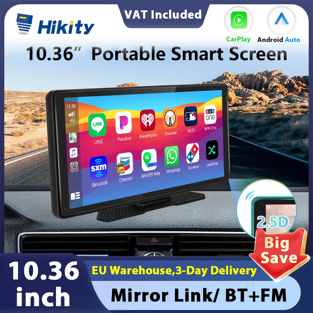 Hikity 10.36" Car Monitor Carplay Screen Mirror Video Recorder Dashboard Android Auto Rearview GPS Navigation For Nissan Toyota