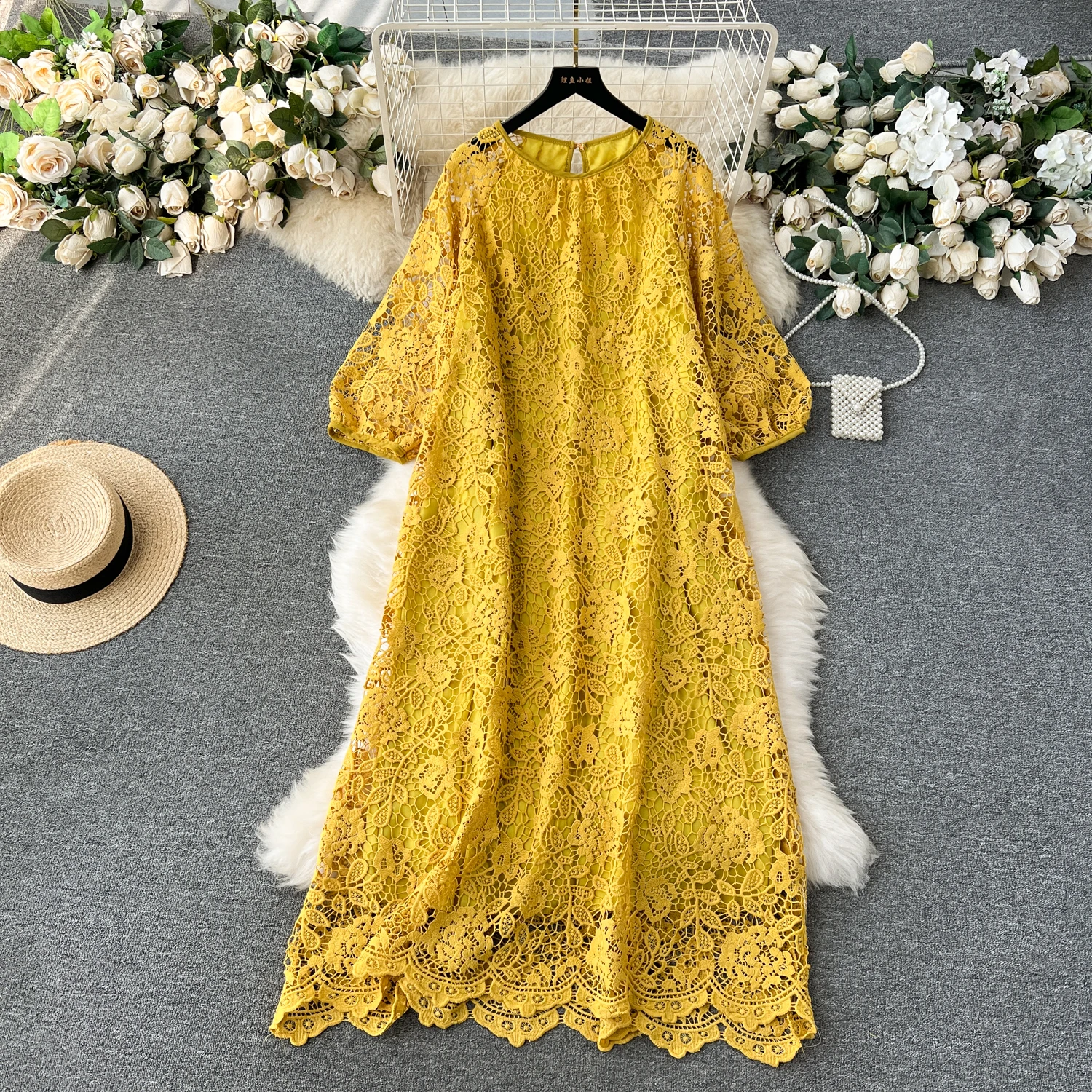 Chic Long Sleeve O Neck Lace Hook Flower Hollow Loose Dress Chiffon A-line Casual Dresses Fashion Women Elegant Vestidos