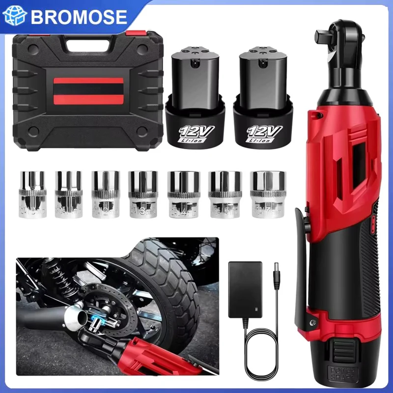 Set di chiavi a cricchetto 90 ° Avvitatore a batteria da 200 Nm con 2 batterie agli ioni di litio da 1300 mAh, chiave angolare da 3/8" con set di 7 bussole