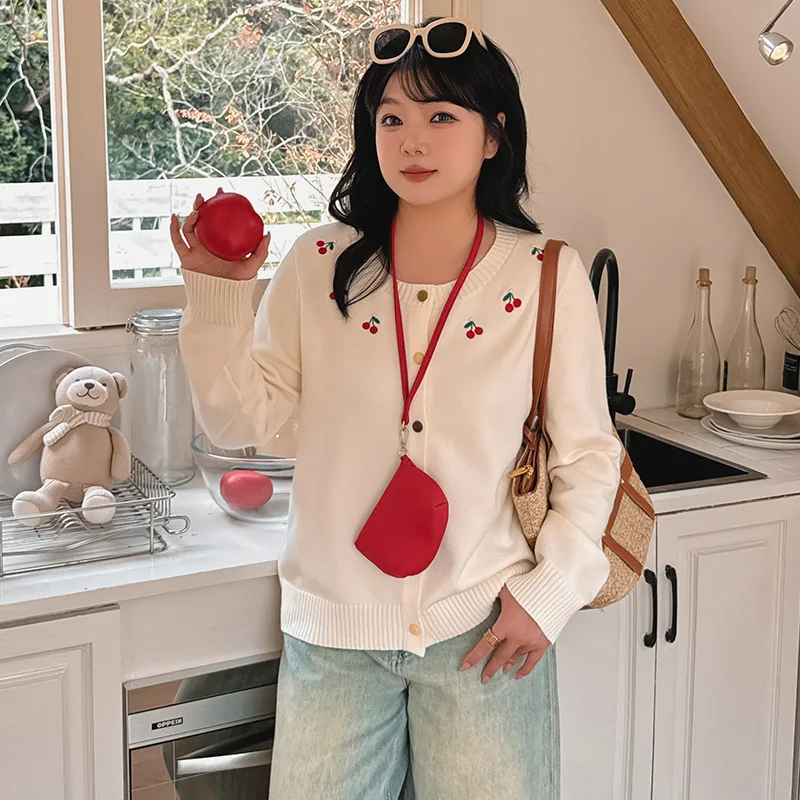

FatmmPlus Size Women's Round Neck Embroidered Sweater Women's Long Sleeve Jacket2025 Autumn Loose Knit Cardigan