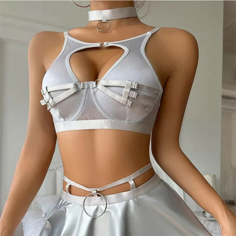 Toucheart Lace Sexy Black Bra Underwear Set For Women Solid Color Leather Solid Color Low Cut Hollow Out Sexy Apron Underwear