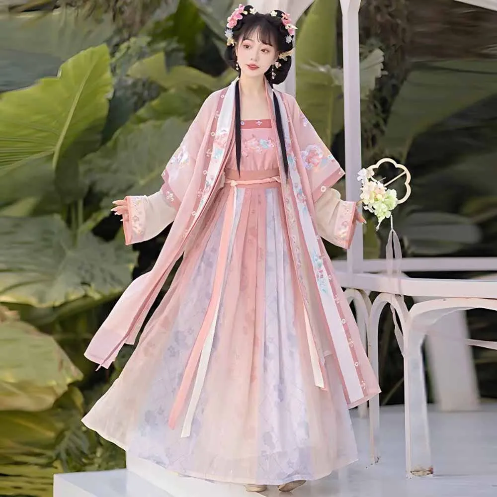 

Embroidered Chinese Hanfu for Women, Gradient Chiffon Robe with Camisole&Skirt Traditional Song Style Costume for Cosplay & Even