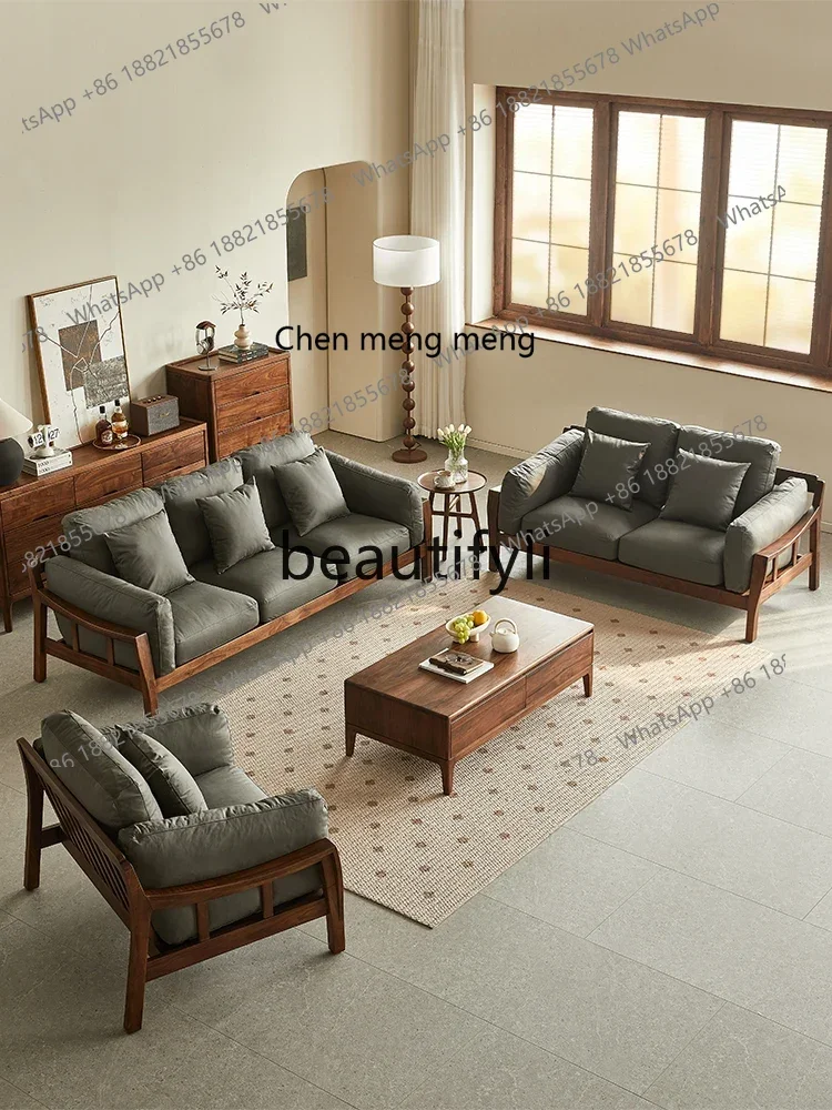 

M178 North American black walnut sofa Nordic leather sofa combination living room full solid wood furniture