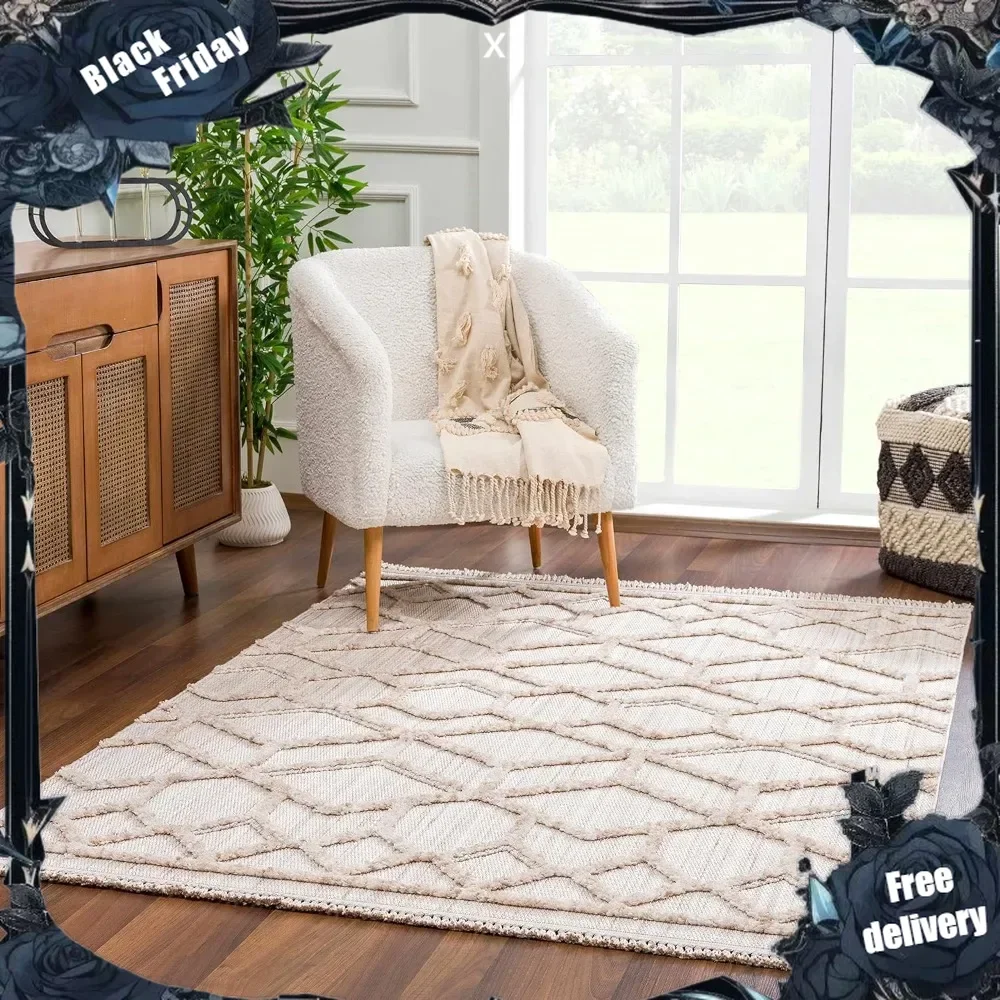 

Malilinao Farmhouse Living Room Bedroom Modern Moroccan Trellis Area Rug - Soft Shaggy High Low Carpet - High Pile