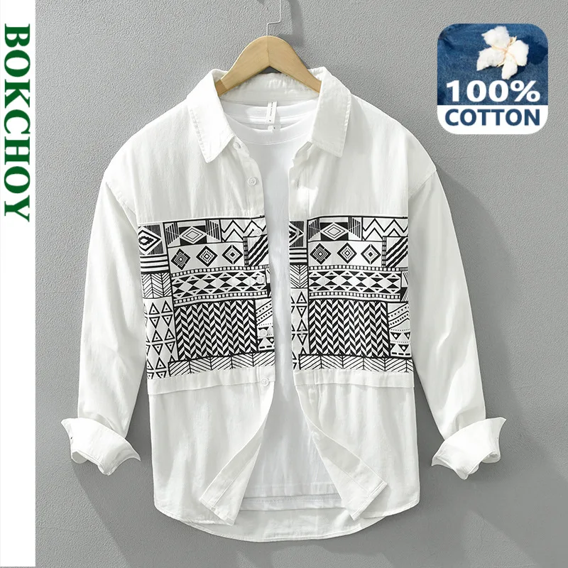 2024 Spring New Fashion Printed 100% Cotton Long Sleeve Shirts for Men Clothing Casual Turn-down Collar Soft White Shirts CM6739