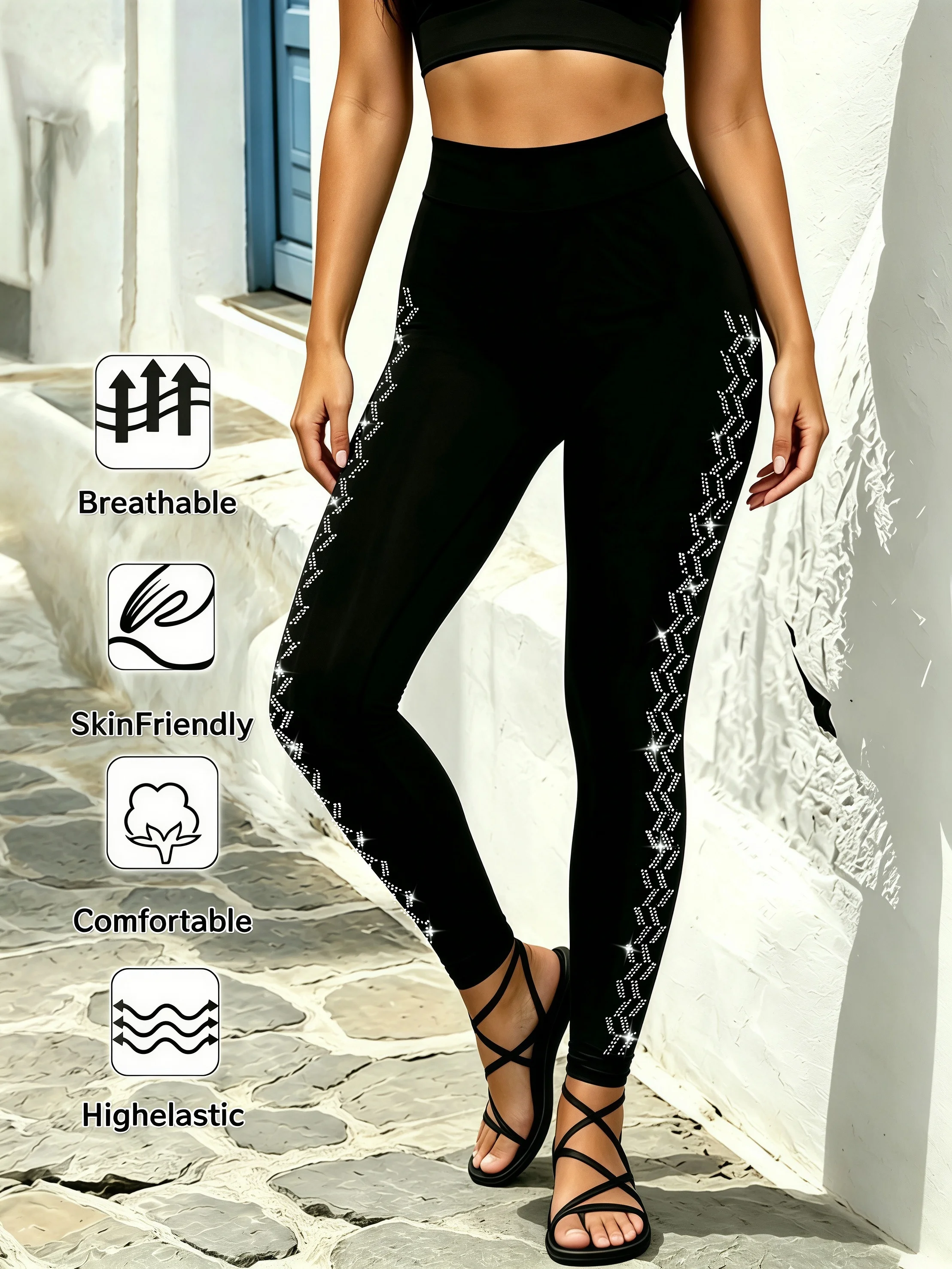 Women's side sparkle rhinestone high waist leggings high elastic snug fit breathable black cropped pants for daily commute