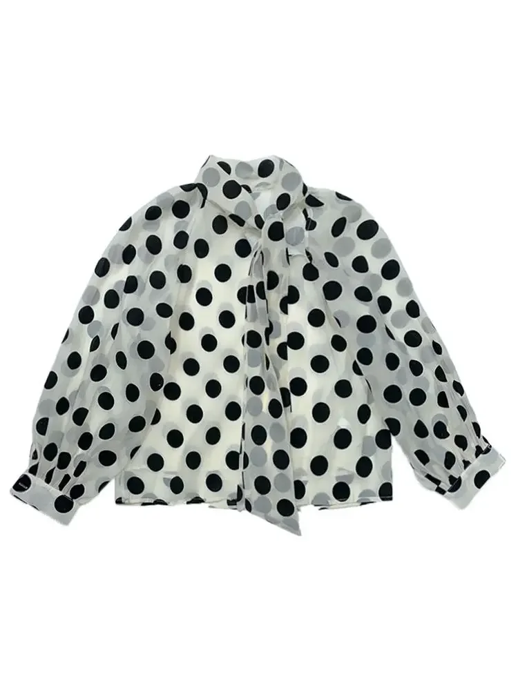 Kimotimo Polka Dot Long Sleeve Chiffon Blouse Women 2024 New Bow Lace Up Collar Transparent Design Tops Elegant Loose Shirt Ins