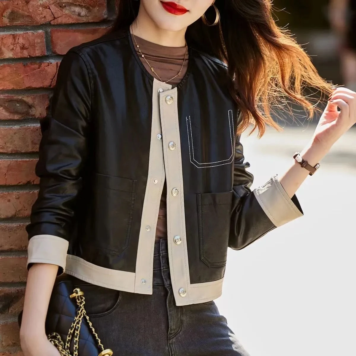 

Clearance Boutique Women's Leather Jacket Small Coat Autumn New Casual Thin Women's Short leather Jacket