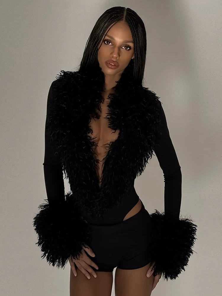 Kliou Sexy Mode-Bodysuits für Damen, Pelz-Patchwork, Tiefer Ausschnitt, Lange Ärmel, Eng Anliegend, Dehnbar, Trendy High-Street-Stil, Klassische Oberteile – Detail 10