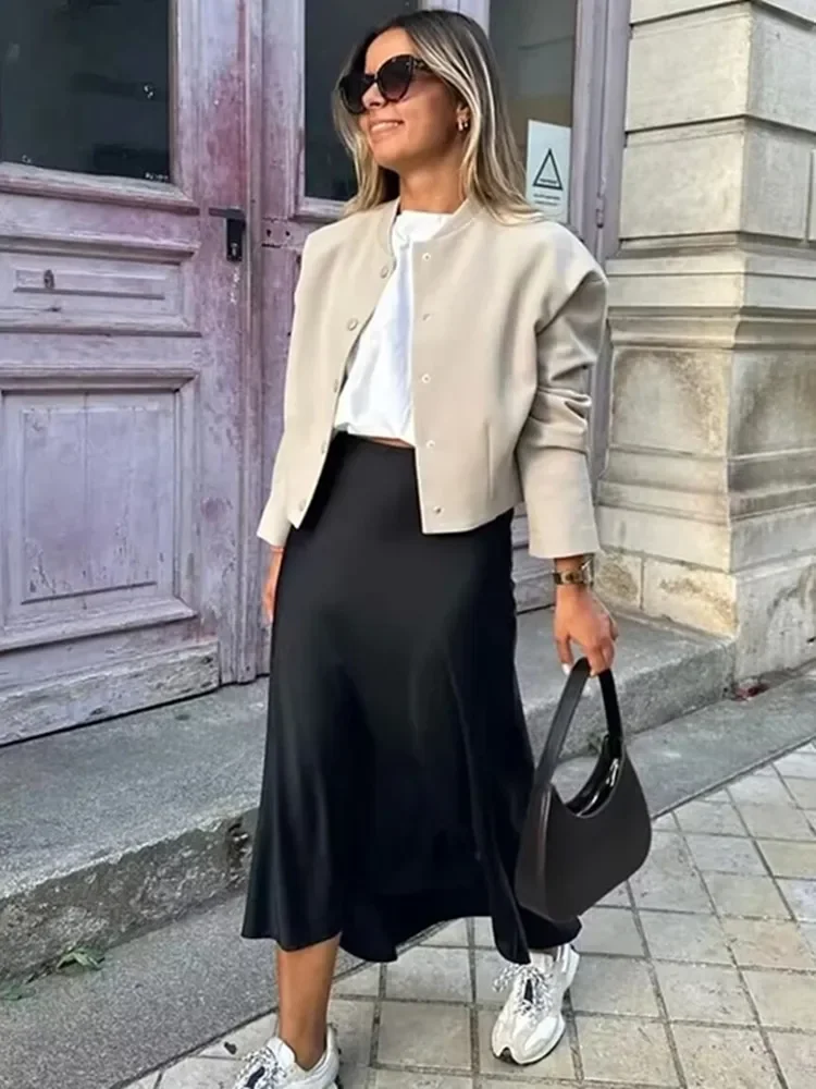 2024 Black Satin Skirt Woman High Waist Elegant Long Skirts For Women Fashion Summer Midi Skirt Office Women's Skirts image 5