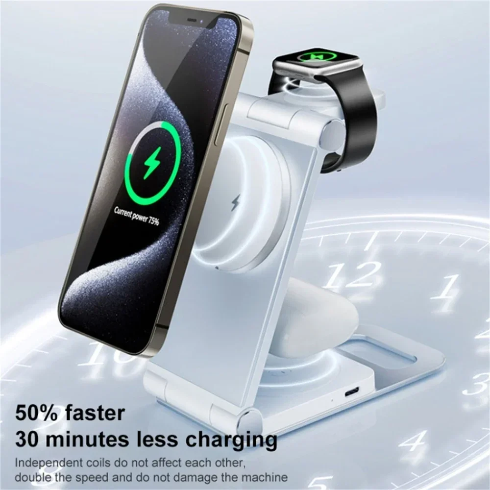 T9 15W 3-in-1 เดสก์ท็อปแบบพับได้ Multi-Function Cooling Stand สําหรับ Magsafe Wireless Charger สําหรับ iPhone 16 15 Pro 14 13 12 airpods