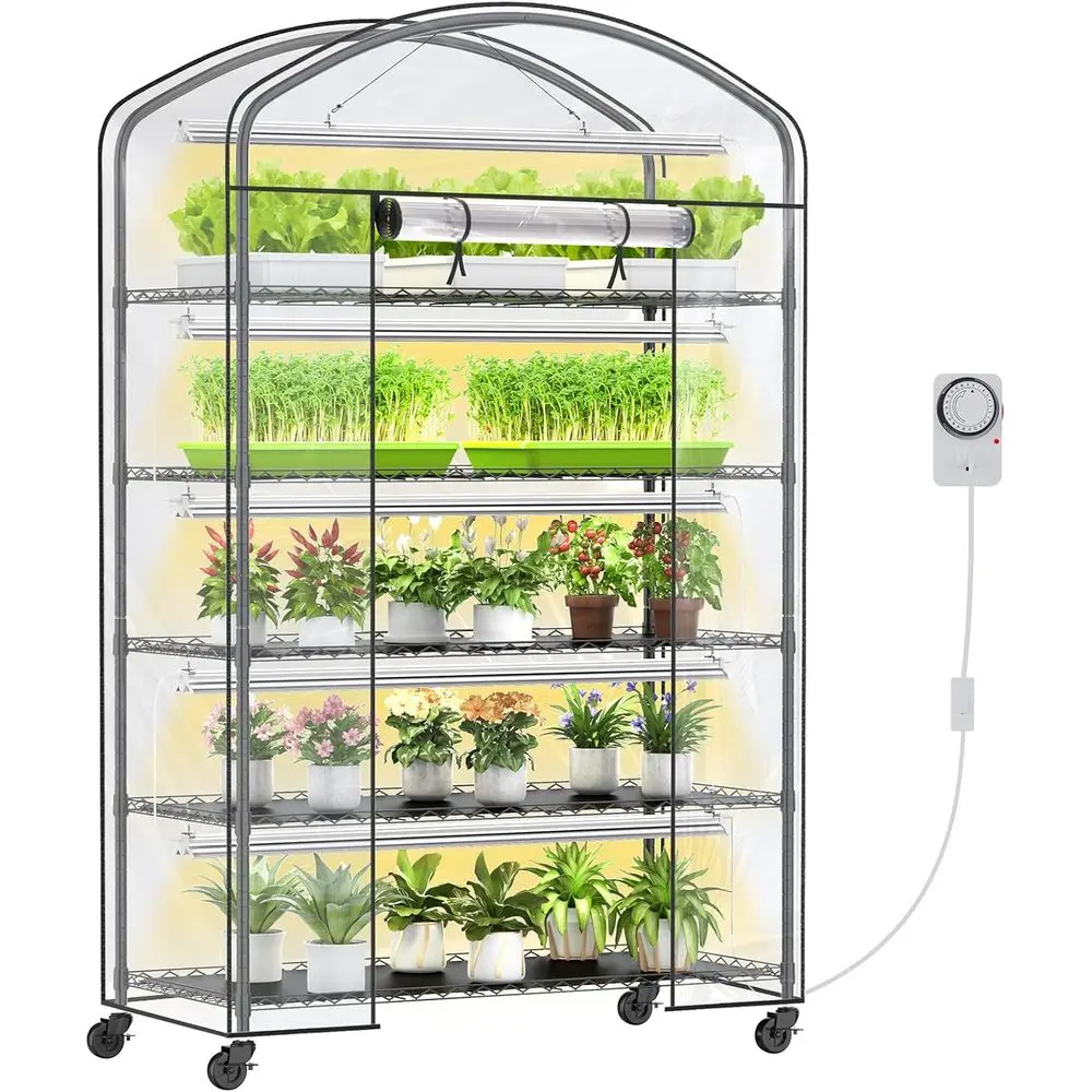 

Portable 5-Tier Metal Plant Stand with Grow Light and Adjustable Mini Greenhouse for Indoor Plants