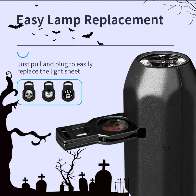 Halloween USB Projector Light Decorative Horror Atmosphere Light, with 3 Replaceable Lights Skull Devil Ghost, for Home/Car