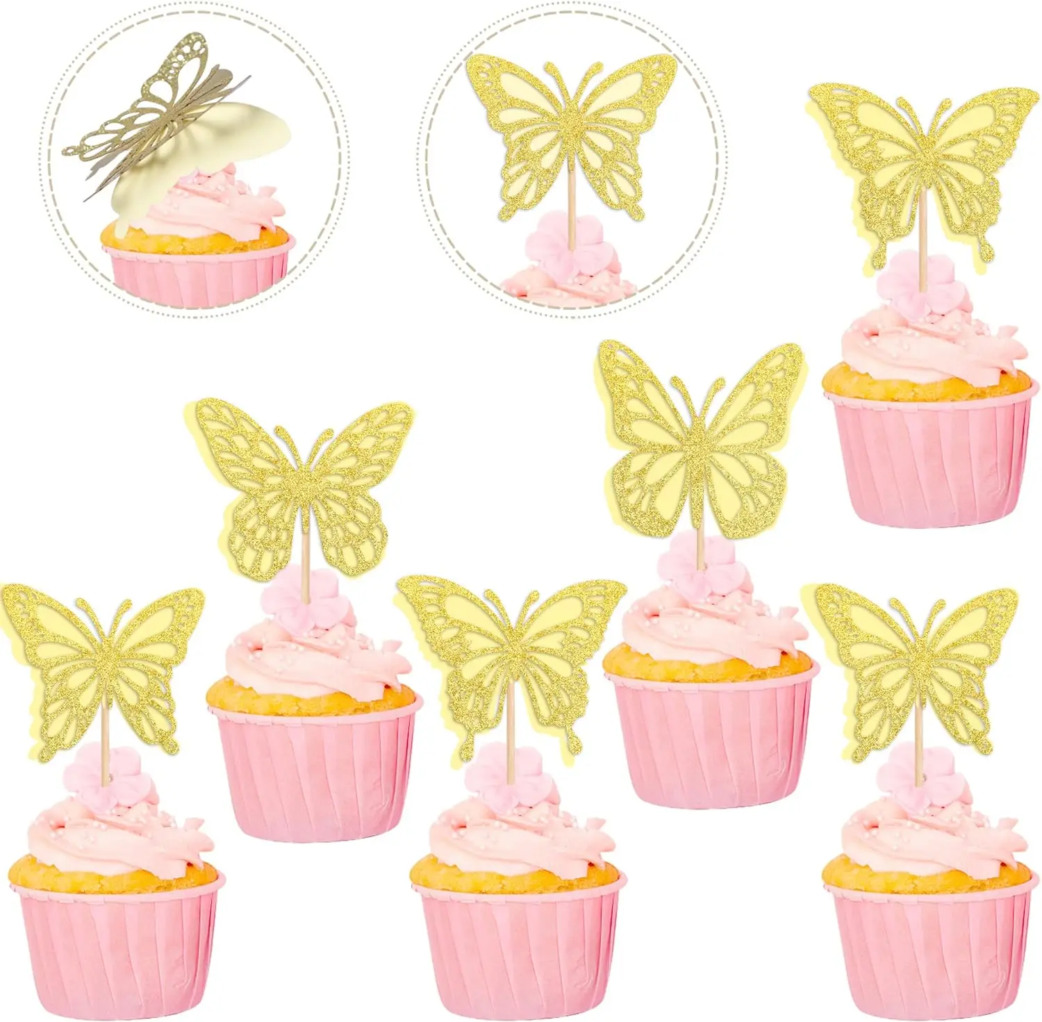 24 PCS Glitter Butterfly Cupcake Toppers 3 Layers Hollow 3D Butterfly Baby Shower Cupcake Picks Butterfly Theme Wedding Annivers