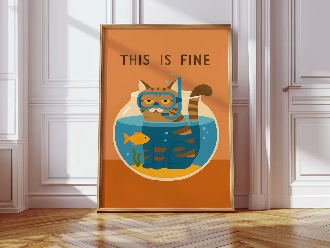 This Is Fine Cat - Descarga Digital, Arte de Pared de Gato Naranja Snorkeling, Imprimible, Decoración de Pared de Gato Naranja, Pez Dorado Sarcástico, Calmado