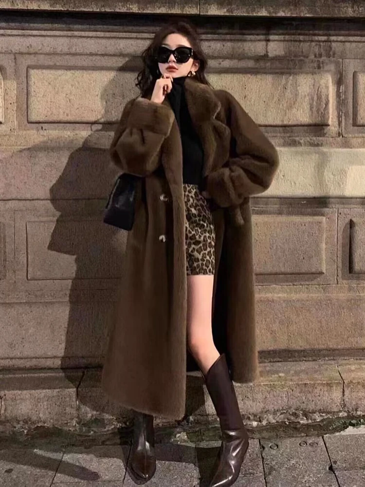 Autumn Winter Thick Long Imitation Jacket Coat Mink Fur Coat for Women Lapel Collar Plush Shearling Protection Faux Fur Jacket