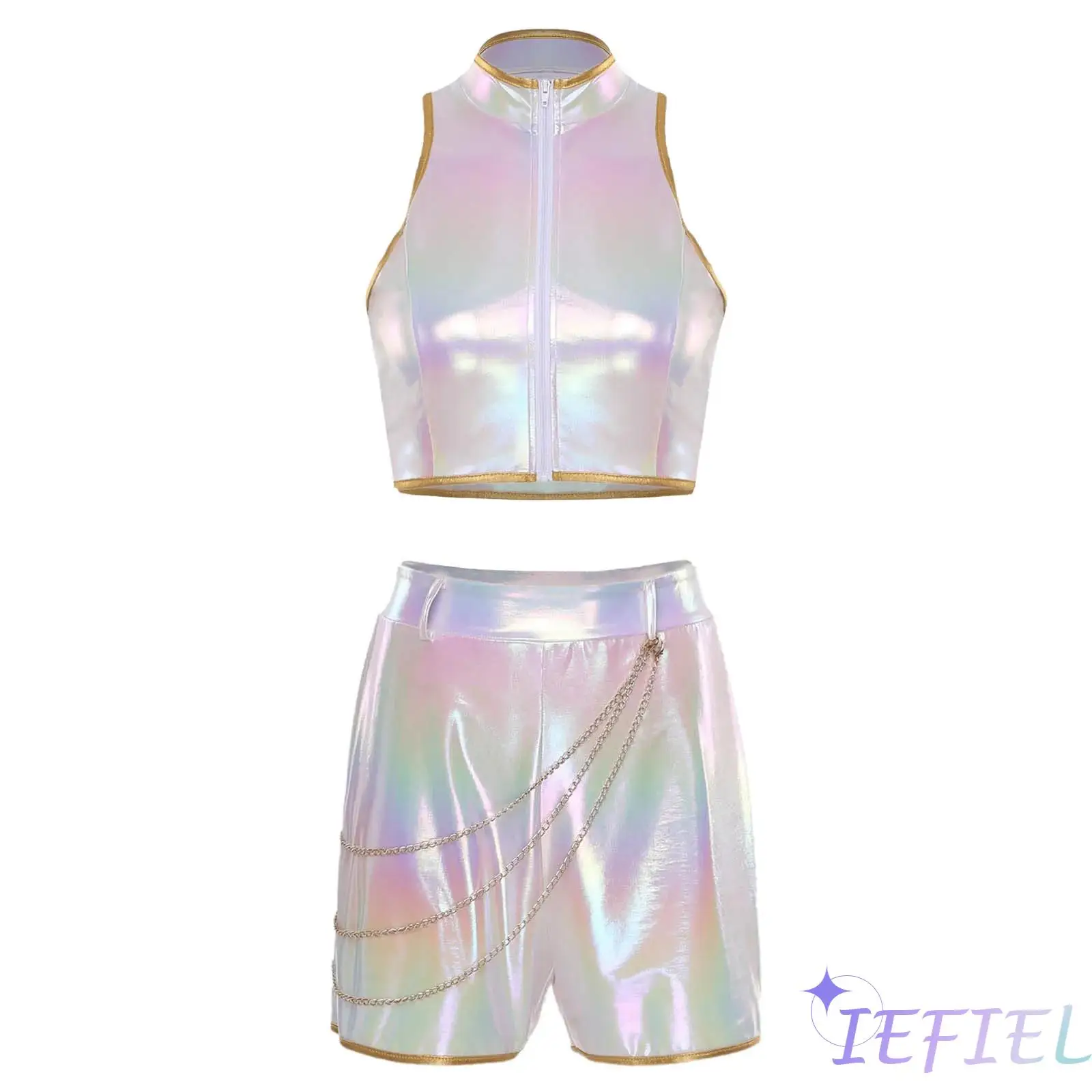 

Women 2Pcs Demon Cosplay Gloss Outfit Mock Neck Sleeveless Front Zipper Crop Top And Waist Golden Chain Shorts for Halloween