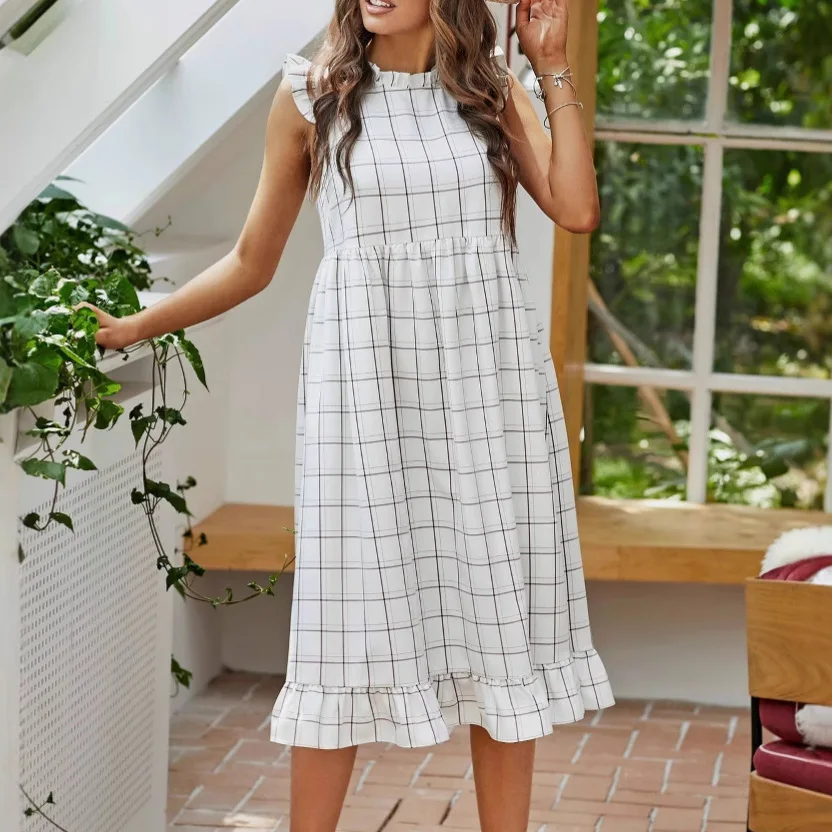 

Seaside vacation style small skirt fungus edge plaid dress fashionable simple luxury temperament elegant high-end party dress