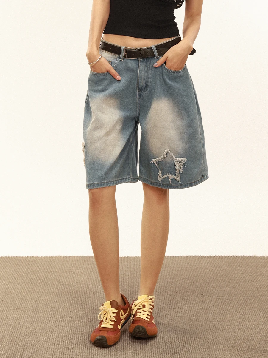 

Rre Vintage American Sle Five-Quarter Casual Loose Leggings Women's Summer Design Sense Elastici Dra Denim Pants
