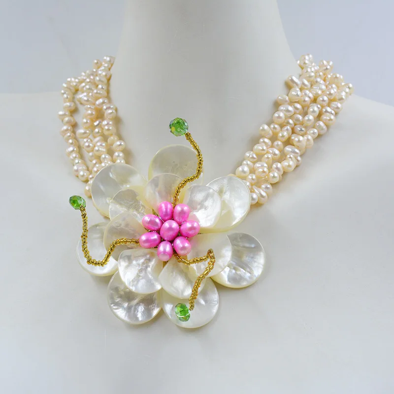 pretty 4 strands of 6mm AAA natural pink Baroque pearls. Handwoven Shell Flower Necklace 20”