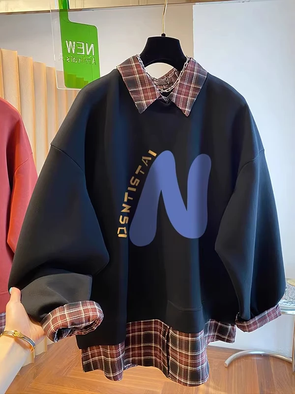 

Свитшот в клетку большого размера с лоскутным узором, женский свободный модный топ с воротником, осенне-зимний, в корейском стиле, из полиэфирного волокна