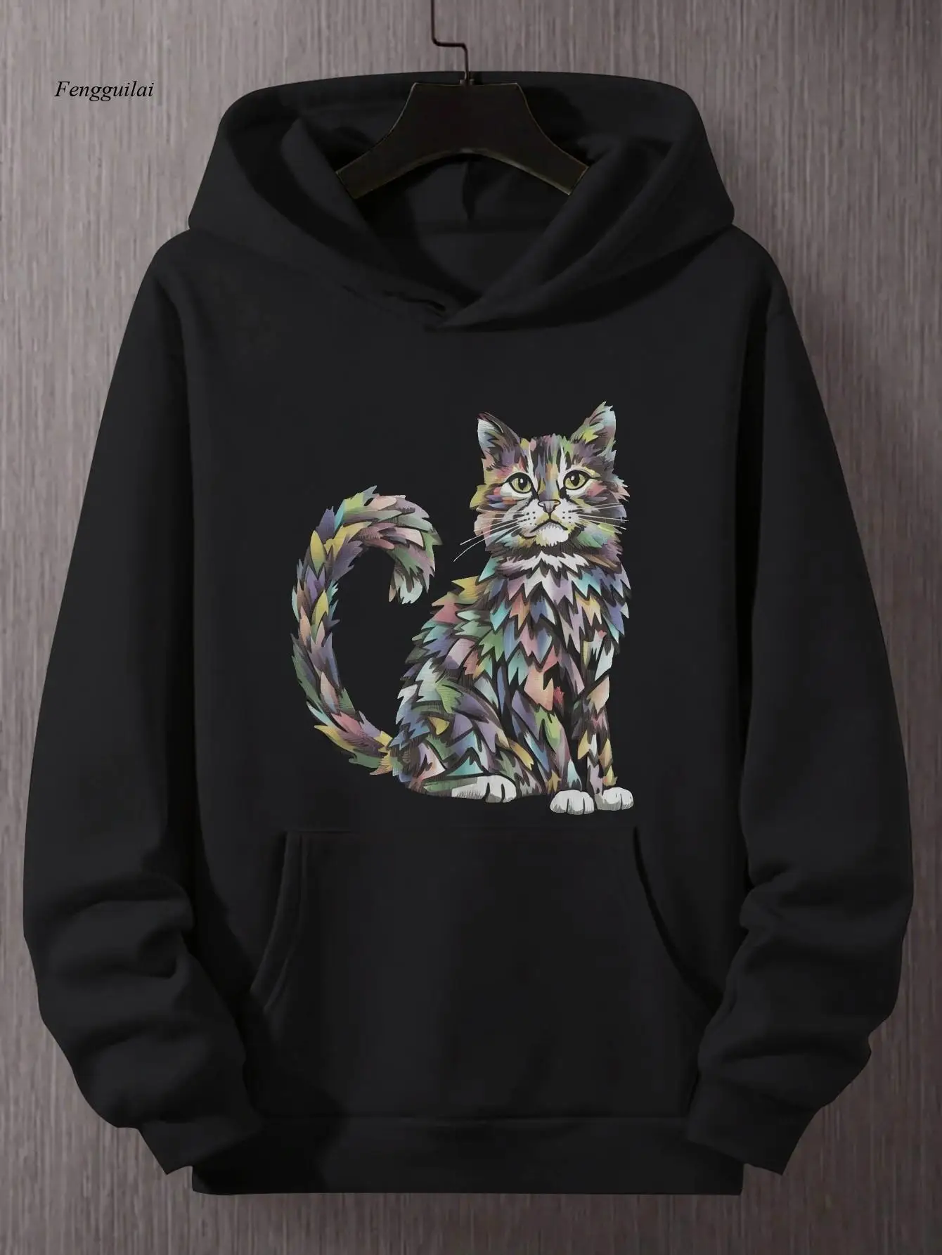 

Черная толстовка с разноцветным геометрическим принтом кота вкладки — свободная толстовка с капюшоном, карманом кенгуру и длинным рукавом