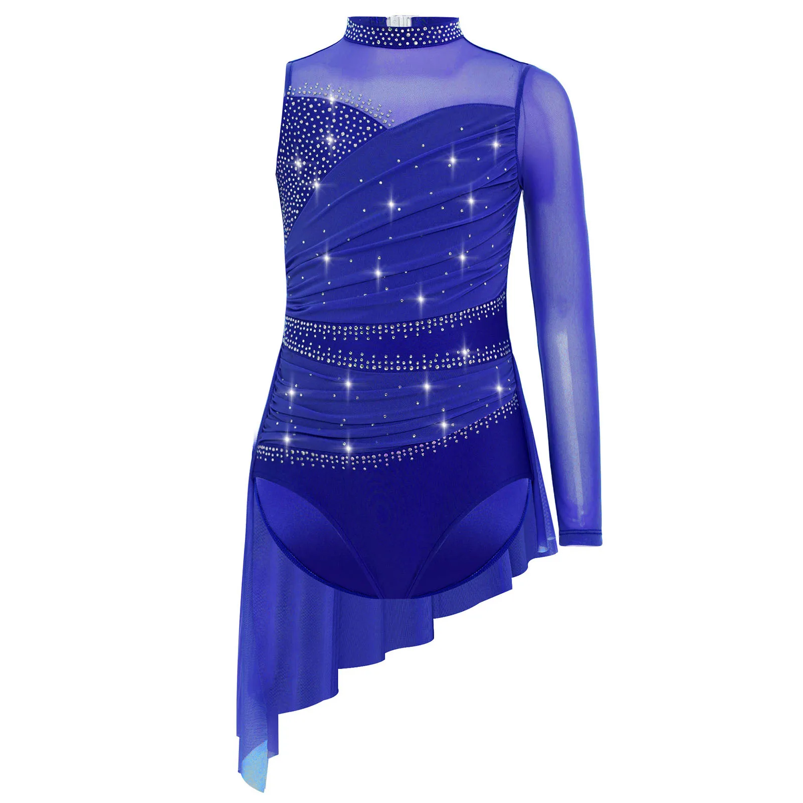 

Girls Ballet Lyrical Dance Dress Figure Skating Performance Costume Asymmetrical Shiny Rhinestones Ruched Mesh Skirted Leotard