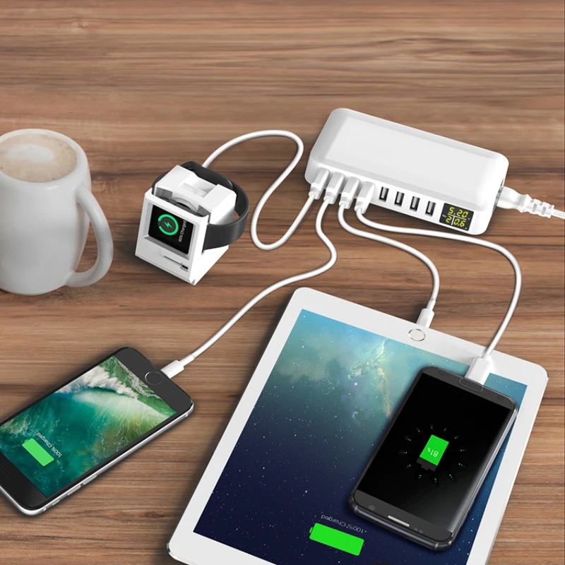 محطة شحن USB 8 منافذ 40 وات/60 وات شحن سريع مع شاحن سطح المكتب بشاشة LED لأجهزة متعددة iPhone Samsung