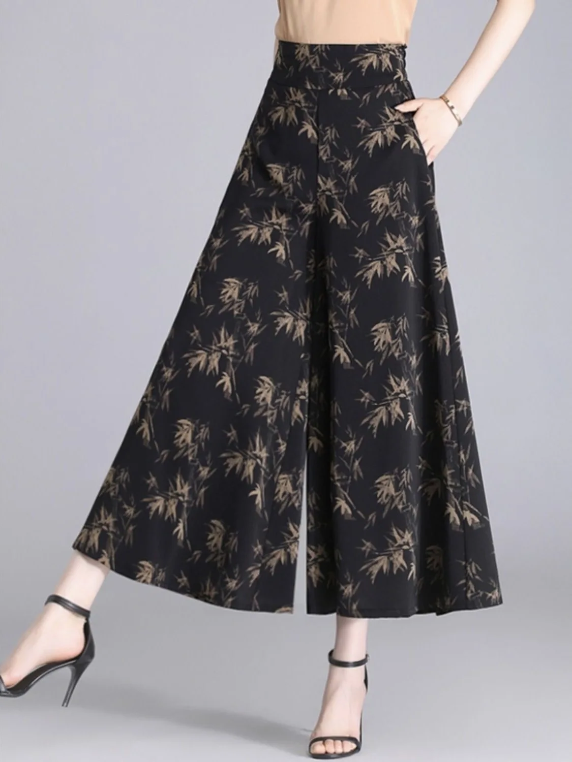

High Waist Nine-Piece Casual Thin Wide Leg Pants for Middle-Aged And Elderly Summer Fashionable Polyester Fiber Printed Loose...