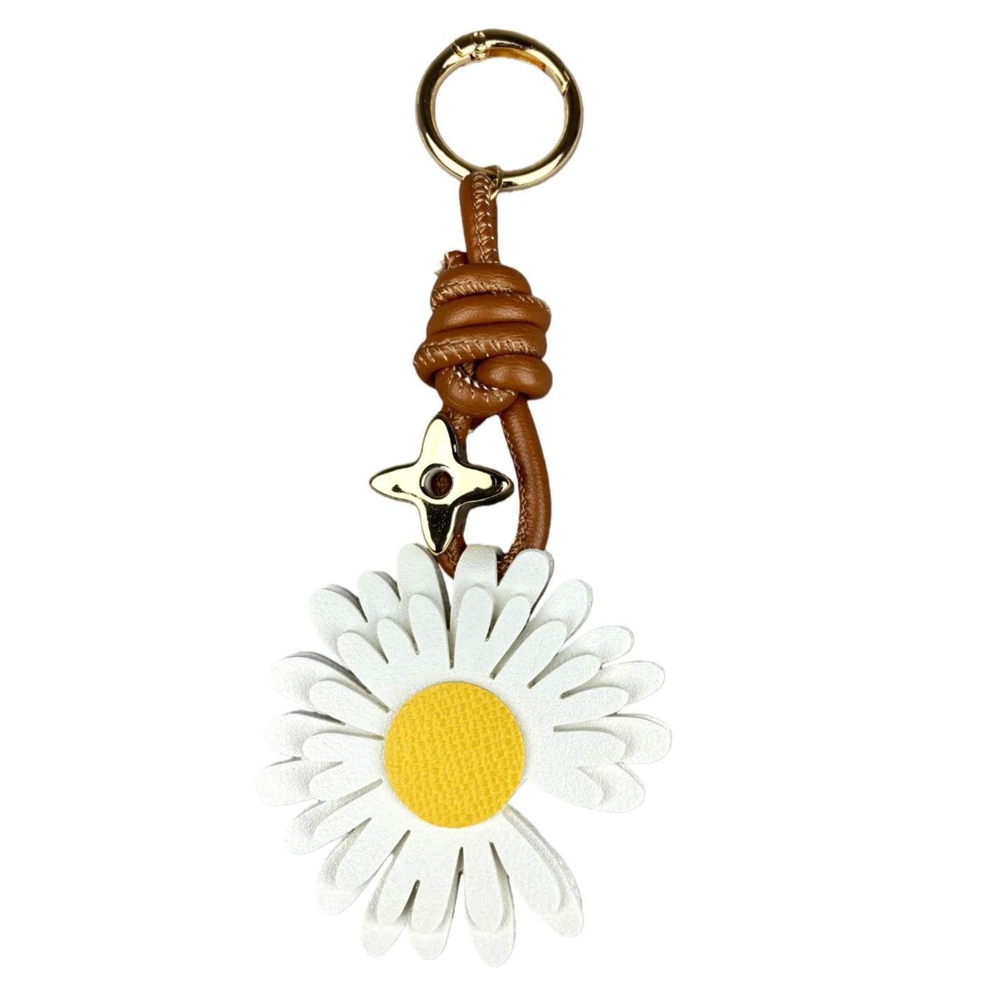 Klassischer Gänseblümchen-Schlüsselanhänger aus PU-Leder – zweifarbiger PU-Gänseblümchen-Charm mit vierblättrigem Kleeblatt-Perle/3,2 cm Metallring für Tasche, Geldbörse, Rucksack – Detail 7