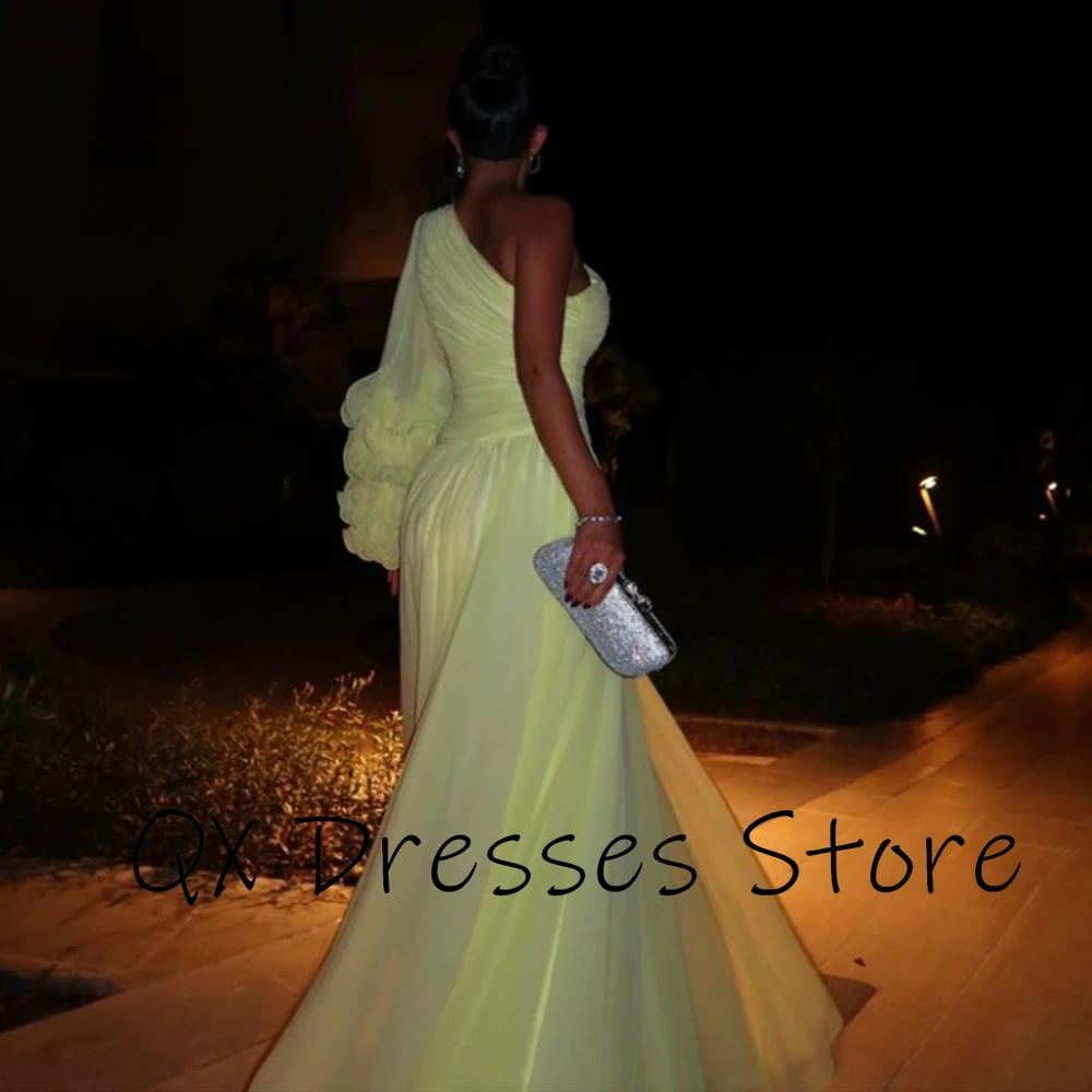 Yipeisha Retro Yello Chiffon Vrouwen Avondjurken Eenvoudige One-Shoulder Lange Puff Volle Mouwen A-Lijn Vloer Lengte Optocht Jurken