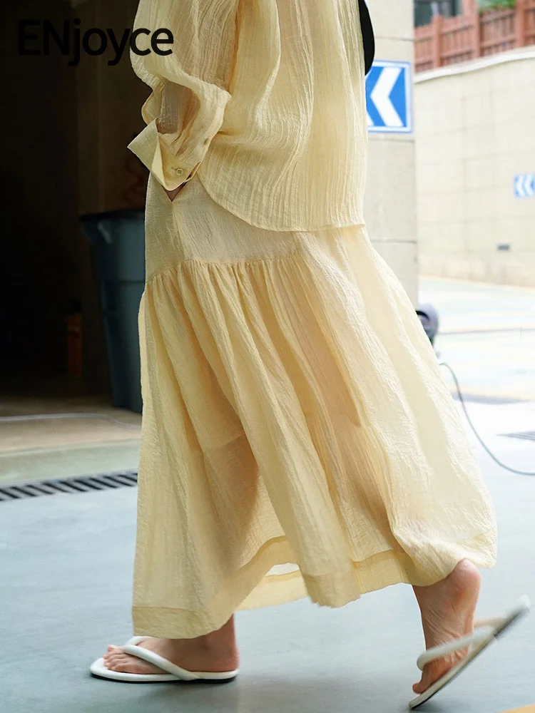 

2024 Summer Women Vintage Elastic High Waist Pleated Skirts Korean Fashion Large Swing Umbrella Long Skirt Holiday Outfits