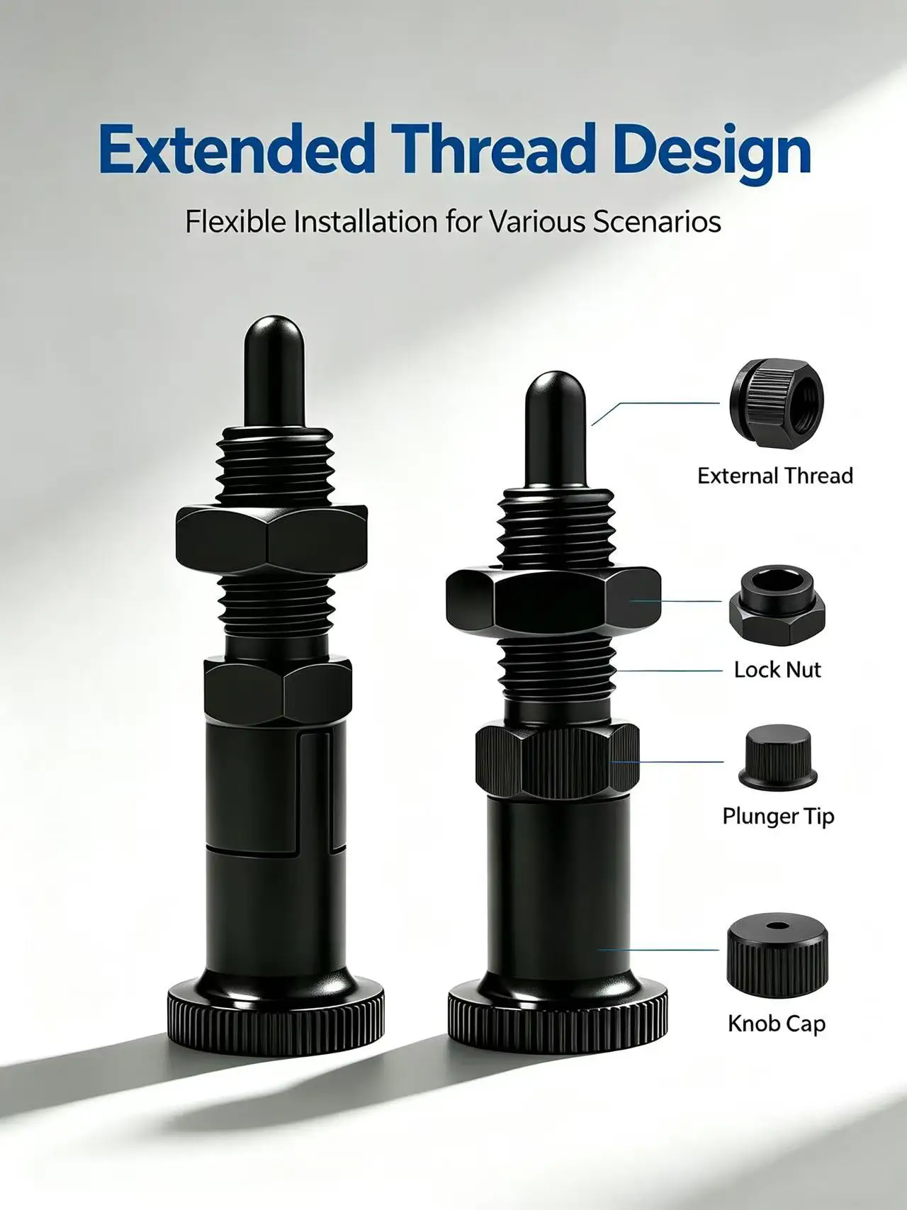 Self‑Locking Knob Plunger Carbon Steel Black Oxide Spring‑Loaded Indexing Locating Pin With Lock Nut view 5