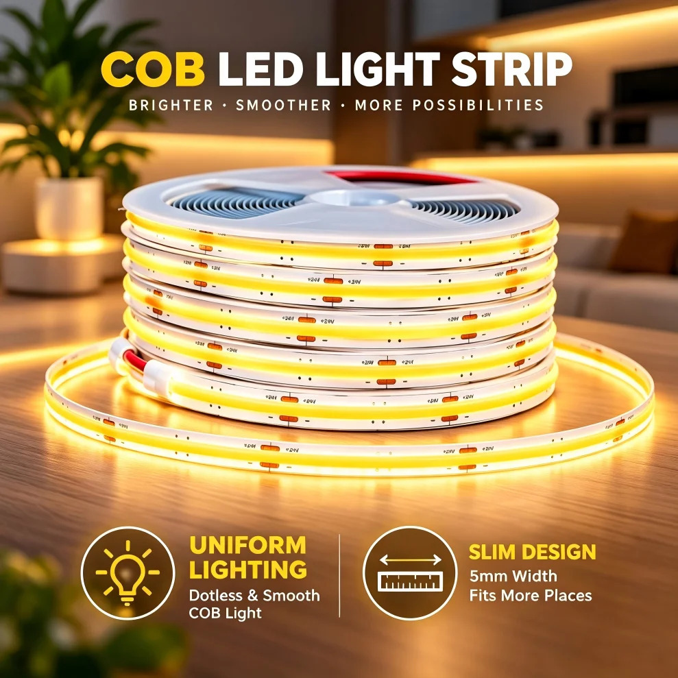 COB LED Strip DC12V/24V 5mm 324/480LEDs/M High Density Dimmable 3000K-6000K Flexible Tape for DIY Cabinet Lighting Decor