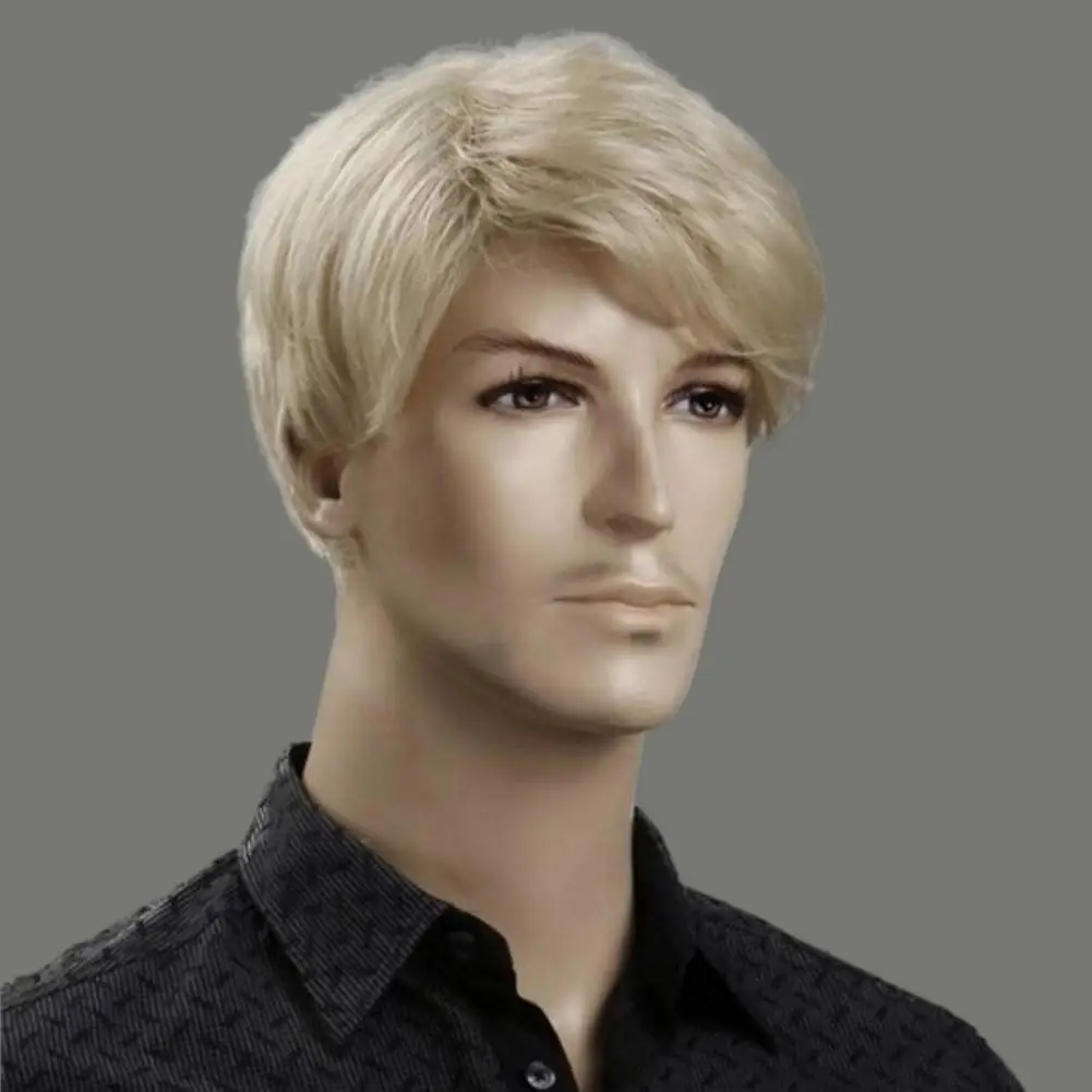 

Men Short Wig Side Part Bangs Swept Fluffy Natural High Temperature Fiber Handsome Male Blonde Synthetic Hair Blond Short Hair