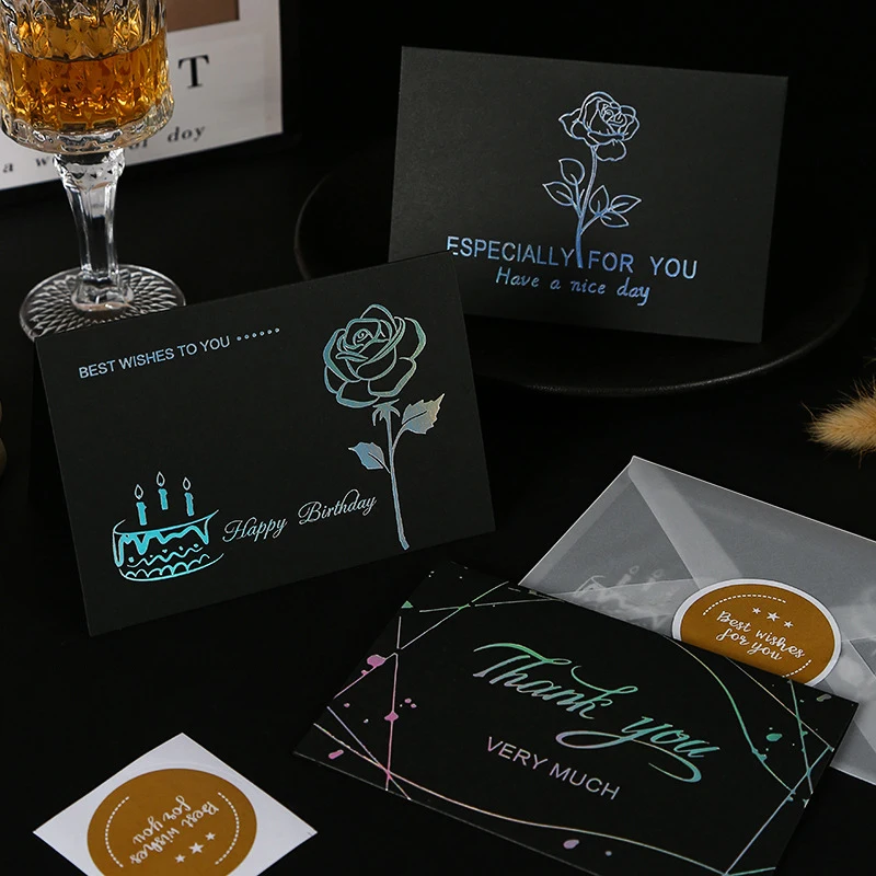 15 set Black Birthday Greeting Card Bronzing Invitations Postcard Wishes Blessing Message Cards Small Card Blank with Envelope